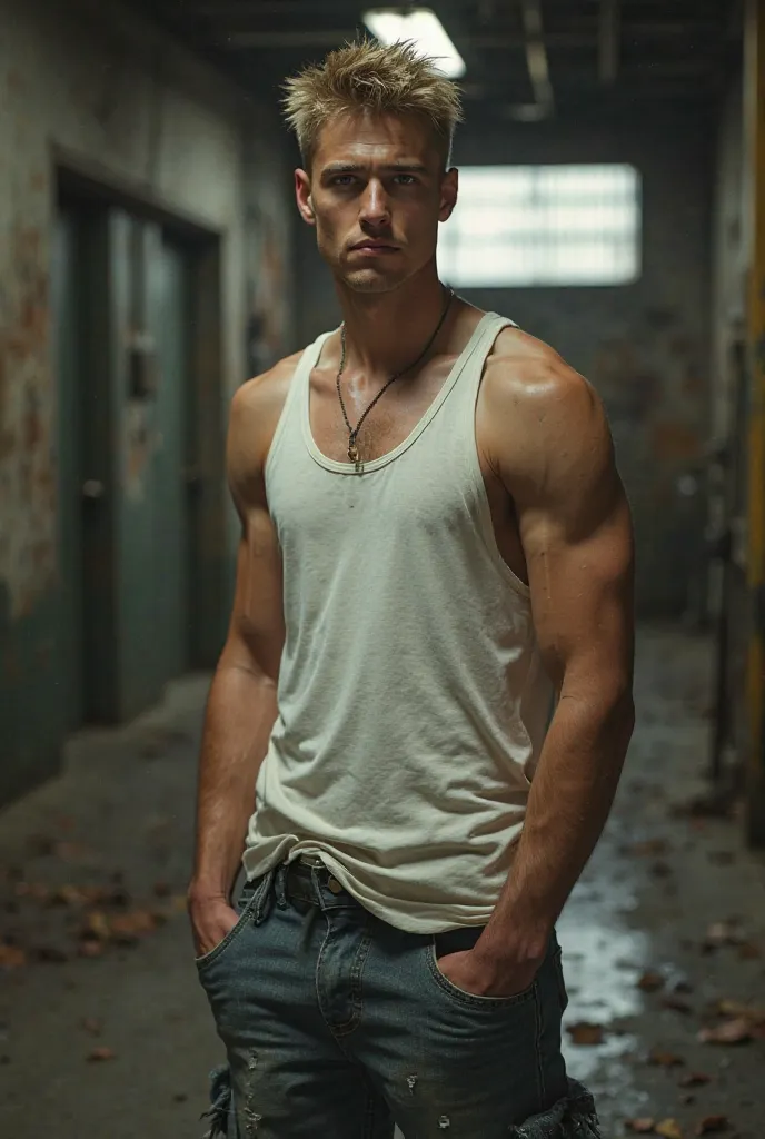 A young adult male, wearing a wife beater tank top and baggy jeans with dirty blonde hair, brown eyes and is has a skinny to lean body type 