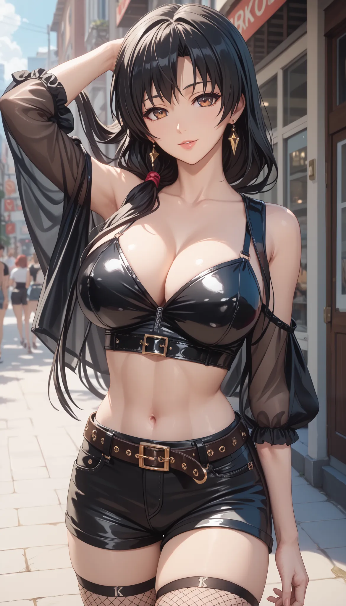 best quality, glossy, 4k, ((artwork)), highly detailed, 8k, Kaori sakaki, black hair, long hair, brown eyes, beautiful and sexy mature woman, black short top with unique strap details on the sleeves, high-waisted black shorts that add a rebellious feel. we...