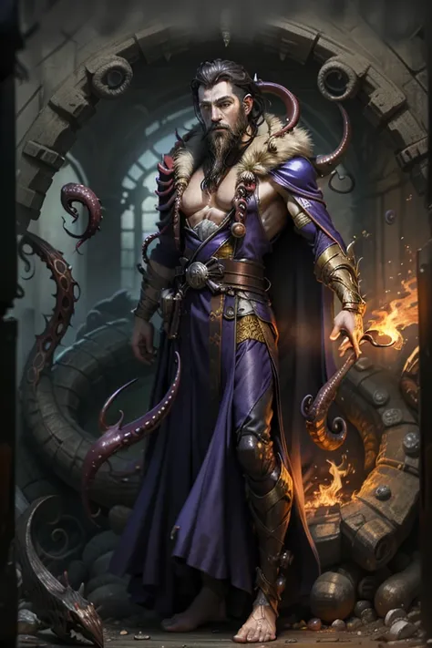 male with arm replaced by tentacles, goatee-like beard, in robes and mantle and cape, dark hair
