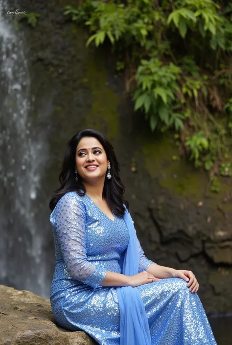 A woman with black hair is seated on a rocky outcrop near a waterfall. She's wearing a shimmering blue dress that catches the light, suggesting it might be made of sequins or a similar reflective material. Her expression is one of contentment as she gazes ...