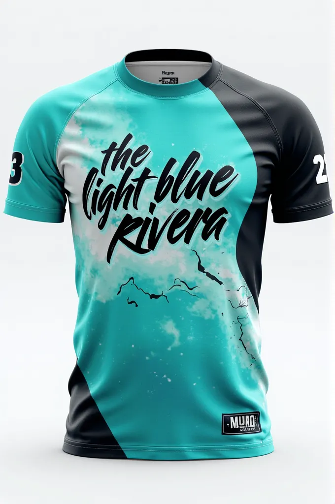 Hello you could create a sports shirt with the range of turquoise colors, negro, white, that says in the center "The light blue Rivera" and that has the number 23 on the side 