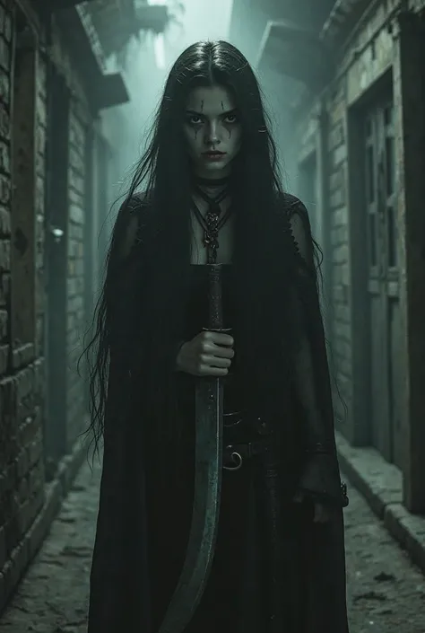 a hyper-realistic ghost girl with long flowing hair, and wearing goth style clothing. she has a long curved blade with a handled attached to the middle of the blade. she is standing in a middle of a haunted house that is dark and creepy.