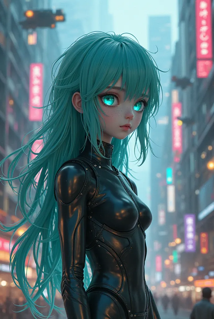 a futuristic young android with messy, long turquoise-green hair and glowing blue eyes, pale skin with subtle metallic sheen, wearing a dark bodysuit, standing in a dystopian cyberpunk city landscape with neon lights, towering skyscrapers, floating vehicle...