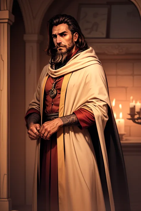 
male, left arm is tentacles, goatee-like beard, in robes and mantle and cape, dark hair


