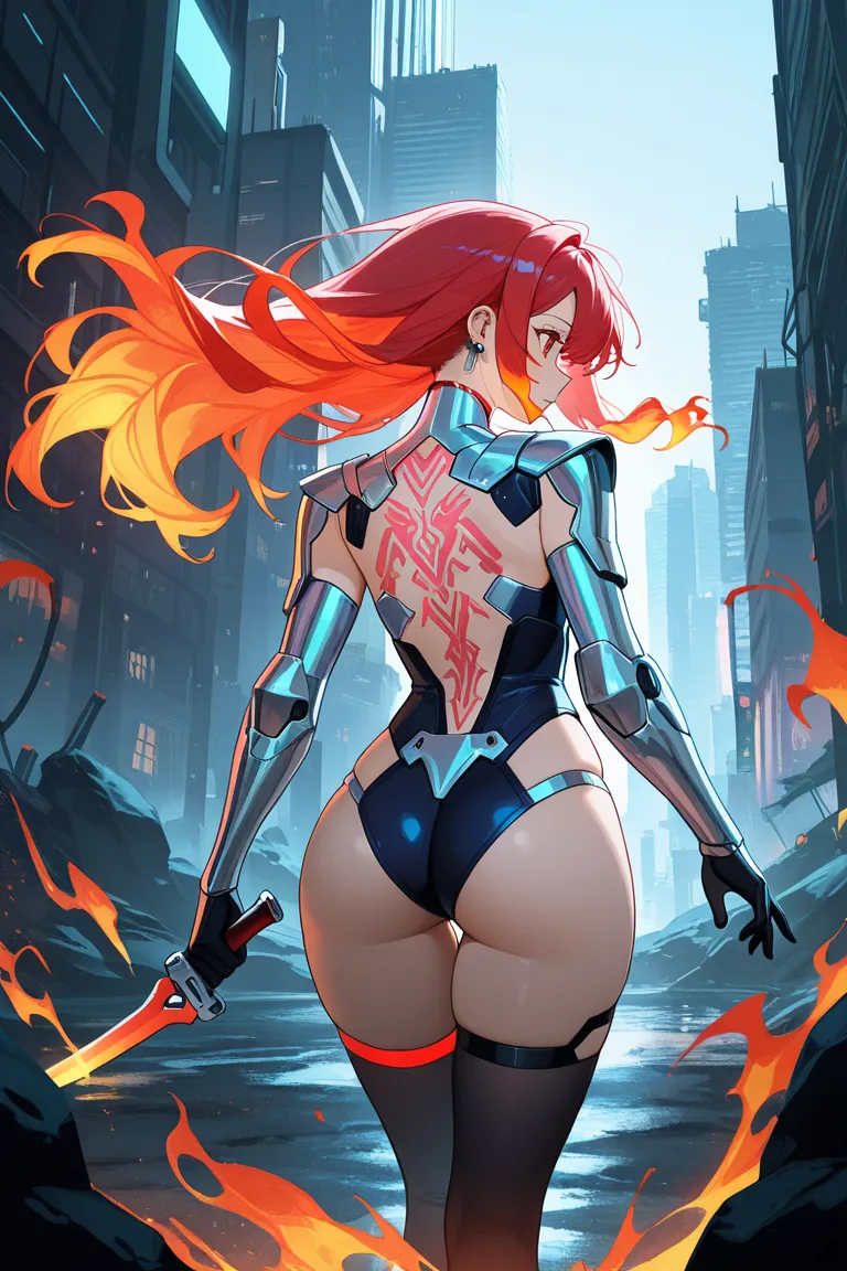 Woman, anime style, body with curves. big breasts. Long red hair. orange-red eyes. Wearing silver cyperpunk style armor. Holding a futuristic dagger