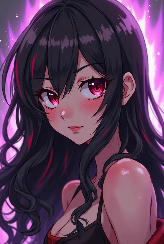 A woman. black wavy hair with red stripes, freckles, heterochromatic eyes that are red and black, red natural lips and gorgeous body. Telekinesis, a purple aura surrounding her. Anime girl, my hero academia style