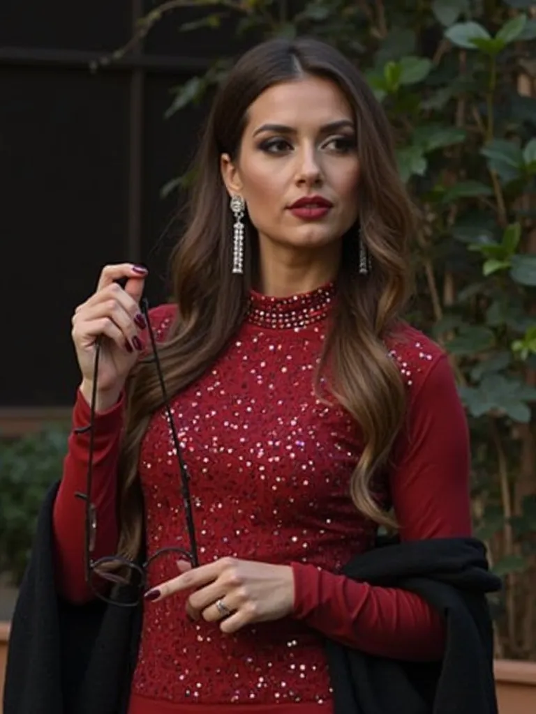 A woman with long, hair long brown calour, red, long-sleeved top that fits snugly. The top has a high neckline and is adorned with small, reflective sequins or beads, giving it a glittery appearance. She is also wearing large, rectangular, silver earrings ...