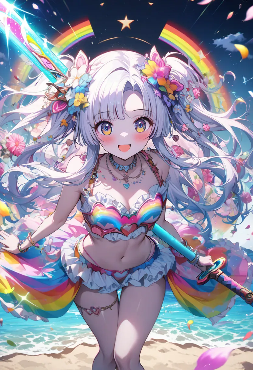 ((female knight, gal bikini armor, smiling face, holding colorful sword, midsummer hippie, belle delphine, hippie girl, dark cute, 1 9 8 0 s flower power hippie, hippy, decora style, cute decora rainbow core, at beach party in ibiza, rena nounen style 3/4,...