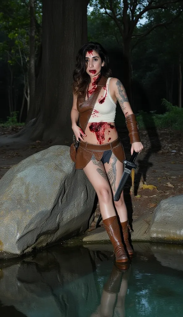 Bloodied and mortally wounded tatooed female warrior sits weakly alone at the edge of a shallow pool  in a forest at night leaning heavily on a boulder. She is wearing off white revealing clothing and leather armor.  She has gunshot wounds in her chest and...