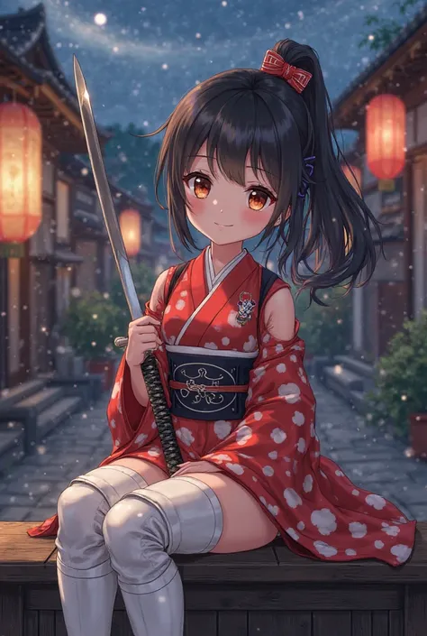 1little girl. smiling.fullbody.  very pretty.large eyes.red  white slitted+++ kimono.  bare thighs,samurai++++....holding katana.shin guards,small breast. heavy shin guards. gauntlets.white glossy leather thighhighboots,kawaii..loli.  ,sitting .black hair,...