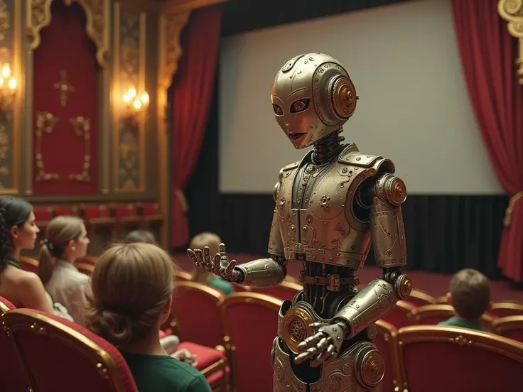 a troubadour robot reciting vintage in a stylish cinema room photo realistic