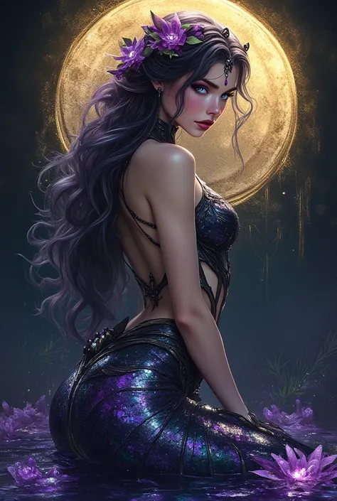 oil painting hyperrealistic fantasy, beautiful 25-year-old Russian MERMAID with Russian features, jet-black hair very long and wavy perfectly, sapphire blue eyes, shiny reddish lip gloss, His skin has a violet tint and his hair is black with purple reflect...