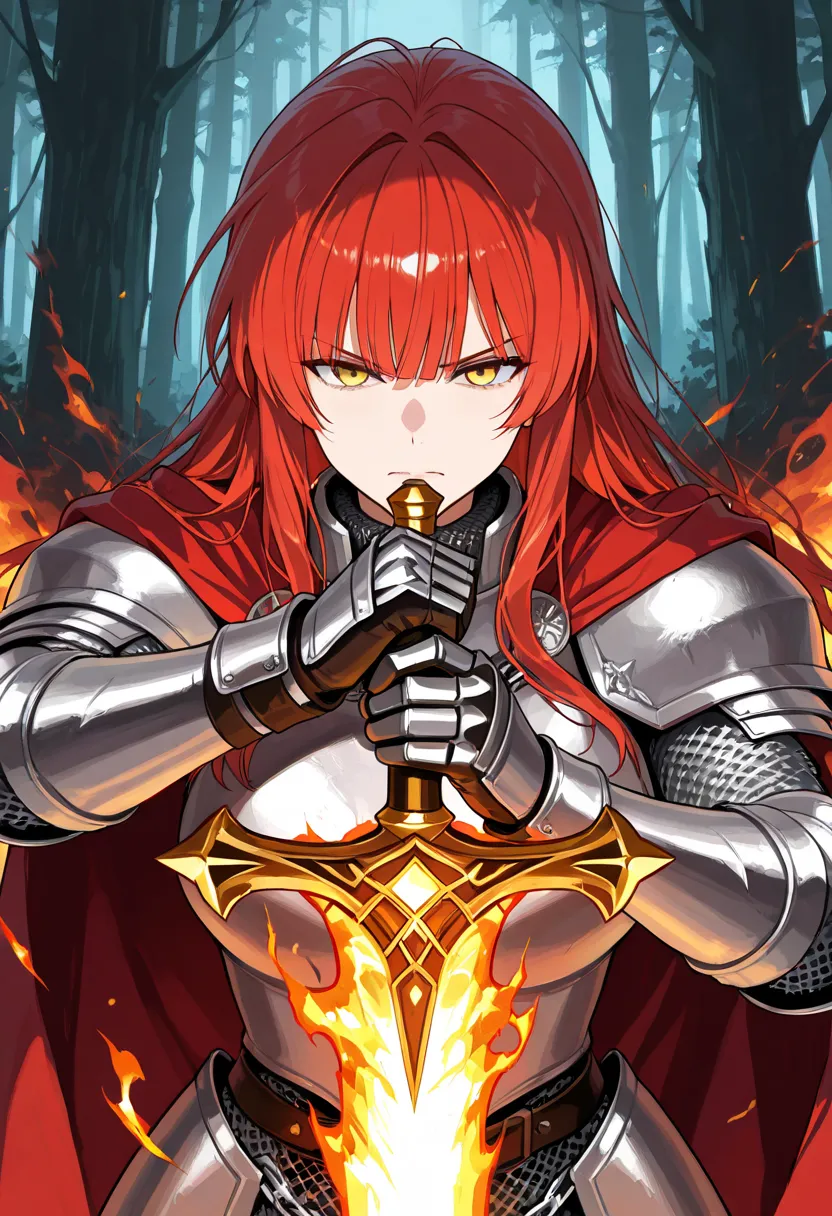 score_9, score_8_up, score_7_up, Mature woman, perfect anatomic draw, perfect eyes, long red hair, yellow eyes, serious face, straight bangs down, sacred knight, silver armor, chain mail, great fire sword, brave pose, inponent, fire underground, fire power...