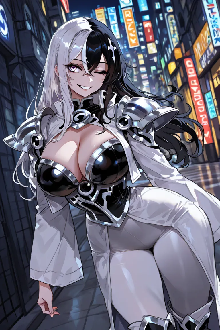 high resolution, masterpiece, 1 woman, dark look ,  big breasts, Slim Waist, long hair,  bicolor hair  (half right white and half left black), dos coletas,  between the eyes , black top,  white leggings, long jacket (two colors, half right white , half lef...