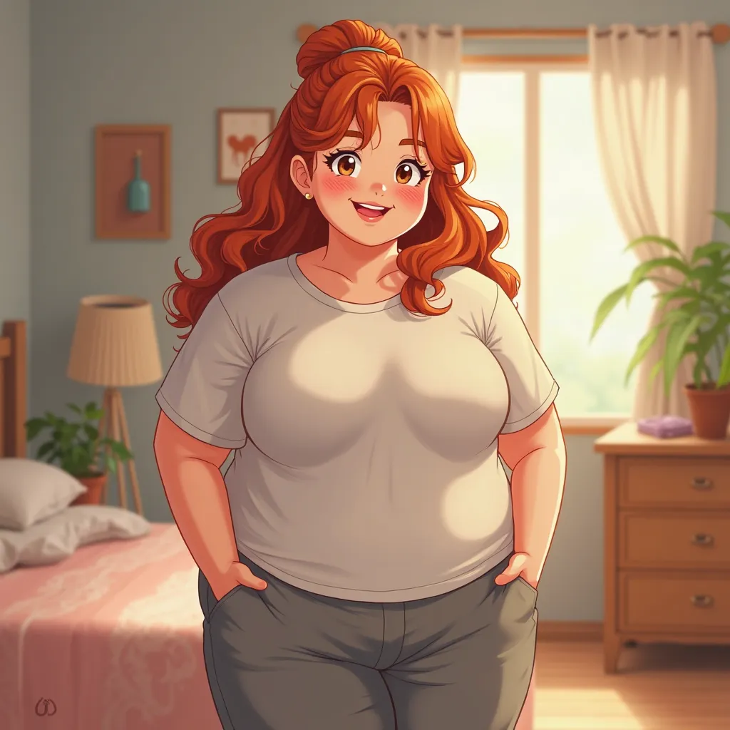 Chubby anime woman with freckles and ginger hair, adult wearing a t-shirt and sweatpants in a bedroom