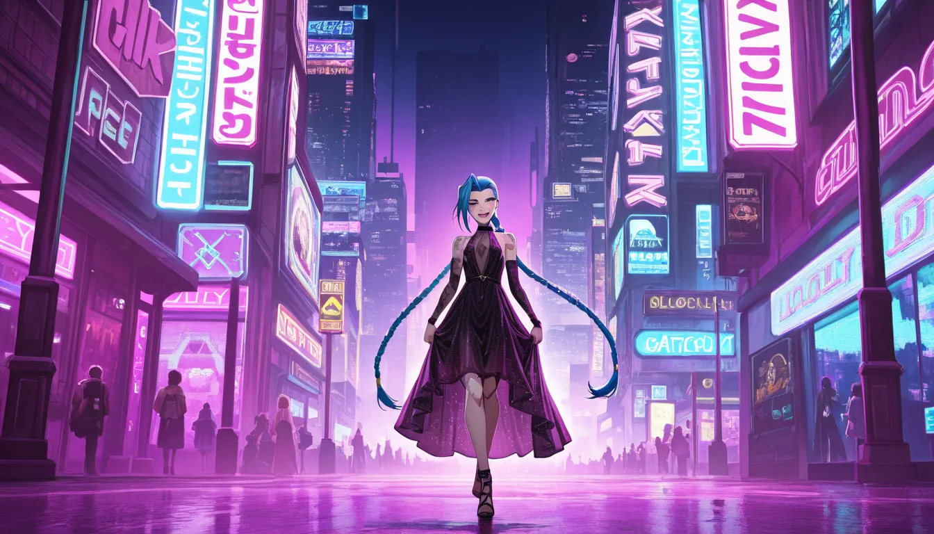 jinx from arcane ,lovely face, wearing a beautiful sheer dress, cyberpunk city environment background , masterpiece, anime style, flashing full body, glittering body glittering in the sun light