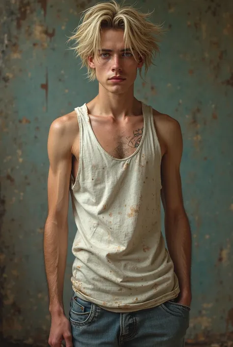 A age male, wearing a wife beater tank top and baggy jeans with dirty blonde hair, brown eyes and is has a skinny to underweight body type with no muscles