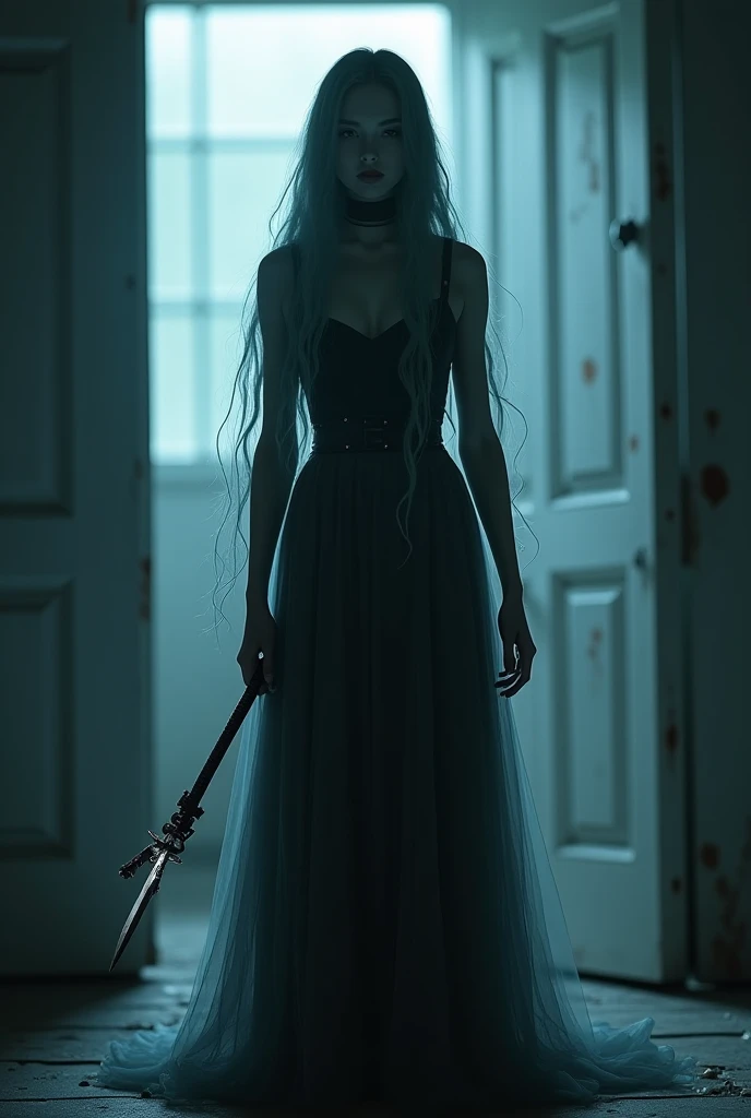 a hyper-realistic ghost girl with long flowing hair, and wearing goth style clothing. the girl is transparent where you can see through her. she has a bladerang weapon, she is standing in a middle of a haunted house that is dark and creepy.