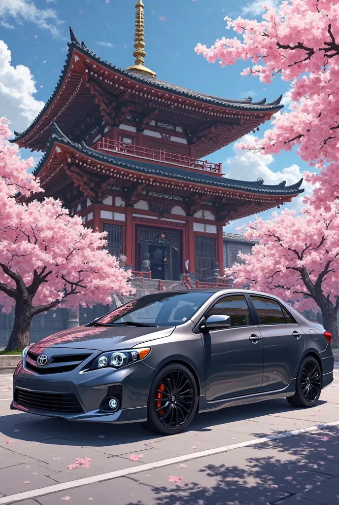 Create create anime image of Toyota Corolla 2005 dark gray color, luxury black wheels, black windows and windshields against a background of Japanese temple and sakura trees in Japan