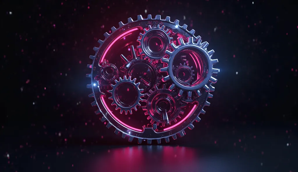 Neon animation of the mechanism of four gears on a black background. Gear rotation, mechanizm z neonową poświatą, clutch mechanics, setting animation concept. Żywa pętla animacji trybików