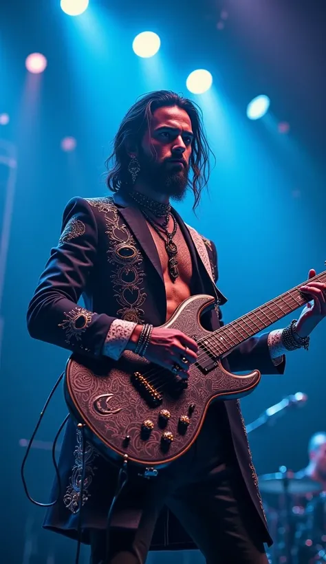 Royal Punk Rocker

A magnetic Indian man with a rebellious heart stands under electric blue stage lights, gripping a custom electric guitar with intricate henna-like engravings. His modern bandh gala is redesigned with punk aesthetics, featuring studded la...