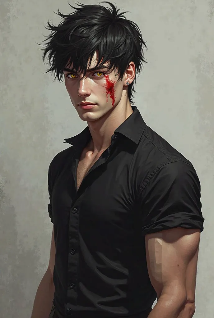  He has black hair, with half a bruised face. Your body is muscular. wears a black shirt. white skin.  golden eyes. Semi-realistic animation without exaggerated or cartoonish details