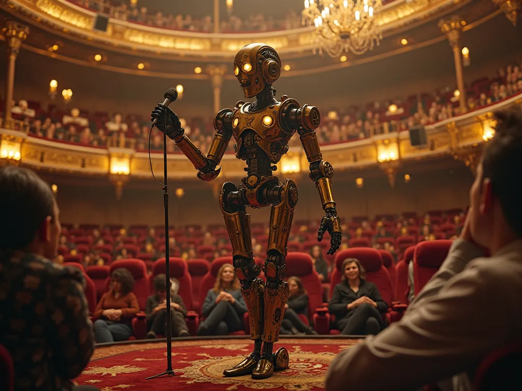 a vintage troubadour robot narrating to an audience in an elegant movie theater photo realistic