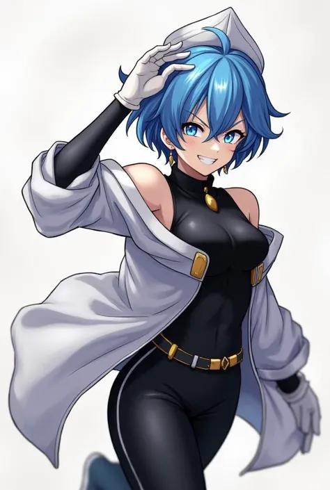 1girl aeos_(dragon_ball) arm_up bare_shoulders black_pants black_shirt black_sleeves blue_eyes blue_hair blue_skin breasts coat colored_skin detached_sleeves dragon_ball dragon_ball_heroes earrings floating_clothes gloves gold_headdress grin hair_between_e...