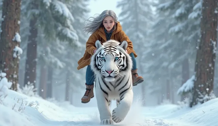 A young woman with lighten skin and grey long hair with blue big eyes and tall wearing old brown hoodie , perched on the back of a majestic white tiger and the tiger is running in a snow-covered forest and a young man like a prince also running with tiger....