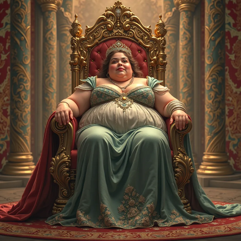 Chubby Queen, long dress, sitting on her throne