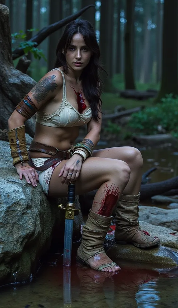 Bloodied and mortally wounded tatooed female warrior sits weakly alone at the edge of a shallow pool  in a forest at night leaning heavily on a boulder. She is wearing off white revealing clothing and leather armor.  She has gunshot wounds in her chest and...