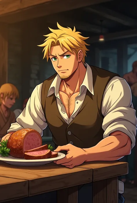 In the image it's night in a rustic tavern, and a group of peasants, What stands out is a strong and robust man, With short blond hair and green eyes, Sitting down eating roasted pork, wearing a peasant outfit. anime style,  Shonen Jump-style illustration.