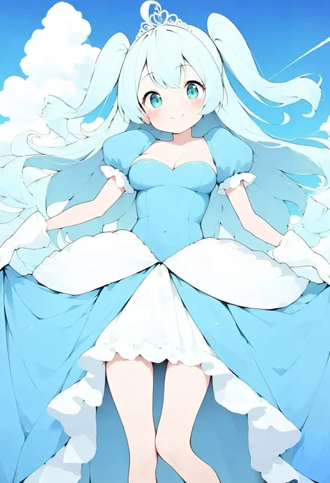 {{{Richil}}}, 1girl, long hair, two side up, ahoge, light blue hair, aqua eyes, fair skin, skinny, slim legs, petite, (medium breasts), large breasts, {{{smile}}}, {{{solo}}}, (masterpiece:1.2), (best quality:1.2), (high quality:1.2), (accurate), {{{prince...