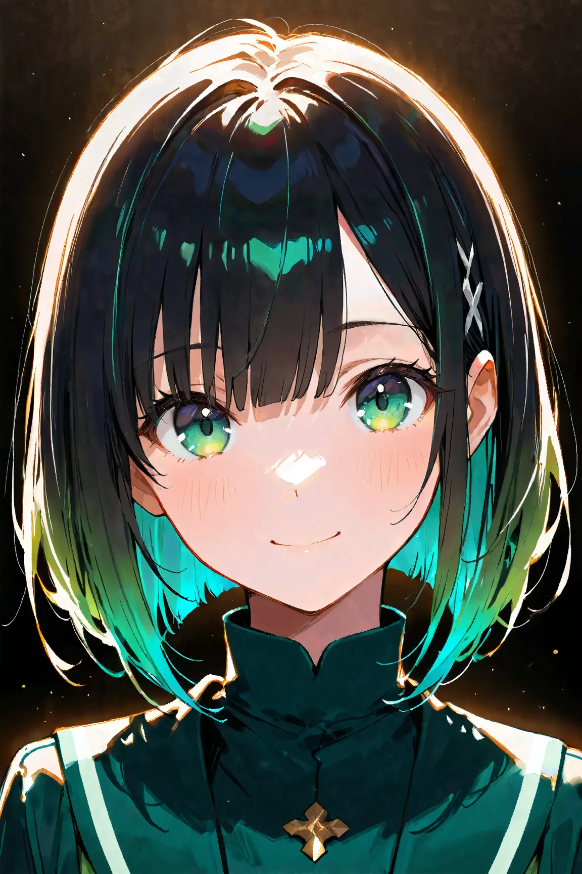 black hair, [(gradient hair from turquoise green to black:1.4):0.4], (turquoise green inner hair:0.8), 　Graduated Bob,　Straight Bangs,

masterpiece, best quality, ultra detailed,  highres icon, 4K, 8k, extremely detailed CG, accurate,  Ultra High Definitio...