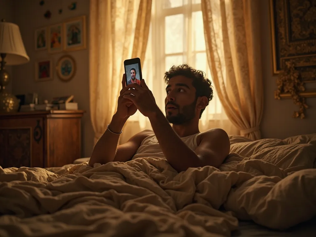 A dramatic cinematic image of a young Egyptian man waking up in his bedroom. The morning sunlight softly filters through Ramadan decorations, casting shadows on the walls. The phone screen in his hands is in sharp focus, showing his face trending on social...