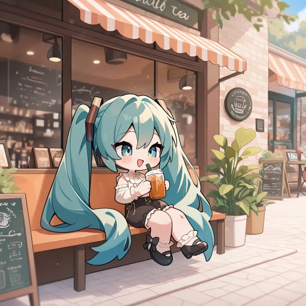 high quality, masterpiece, very awa, newest, solo, 1girl, hatsune miku, chibi, alternative outfit, frilled pants, frilled shirt, full body,  long shoes, colorful, sitting, coffee shop, outdoors, sunny day, happy, drinking ice tea