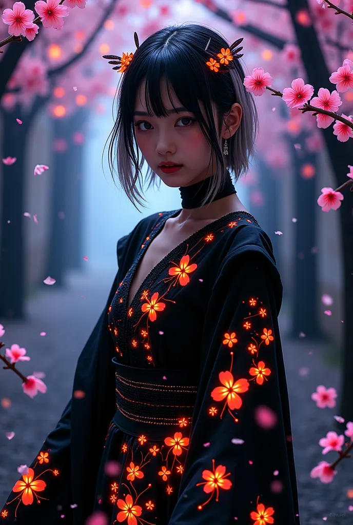 Dazzling black ink cherry blossom petals in halation black light、I'm dancing while wobbling my hair、Please take a full-body picture of a beautiful Japanese girl who looks like a shrine maiden costume combined with a gothic。The base of the costume is embroi...