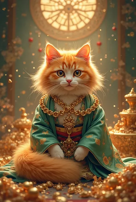 ふわふわの愛らlikeオレンジ色の猫、cute、Cute Eyes、smile、Wearing a good-quality kimono、staring at the camera、 direct shot、 Bushy Tail、 direct shot、staring at the camera、 Wears gold ornaments 、Green Gem、The decoration is a delicate Chinese design 、宝石のように美like青のひとみ、Wear an a...