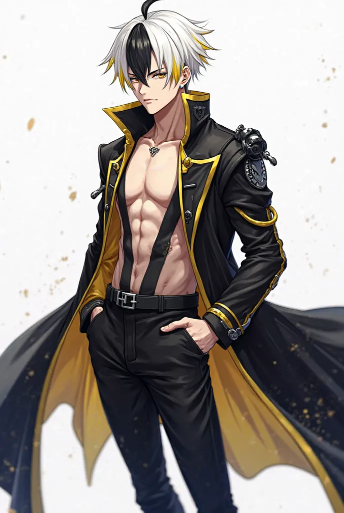 Kagami, a stylish and imposing male character with an incredible visual design, Anime-Style. He has white hair with yellow tips, while the sides are low-cut and black, creating a striking contrast. His eyes are narrow, resembling Chinese features, giving h...