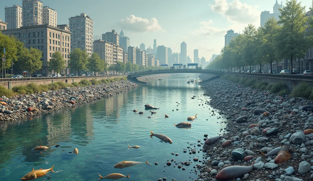 Create a realistic image of a river with polluted waters filled with garbage, With the dirty water, chemicals in the waters, with many dead aquatic animals, showing the city next door and the traffic to be presented in a schoolwork.