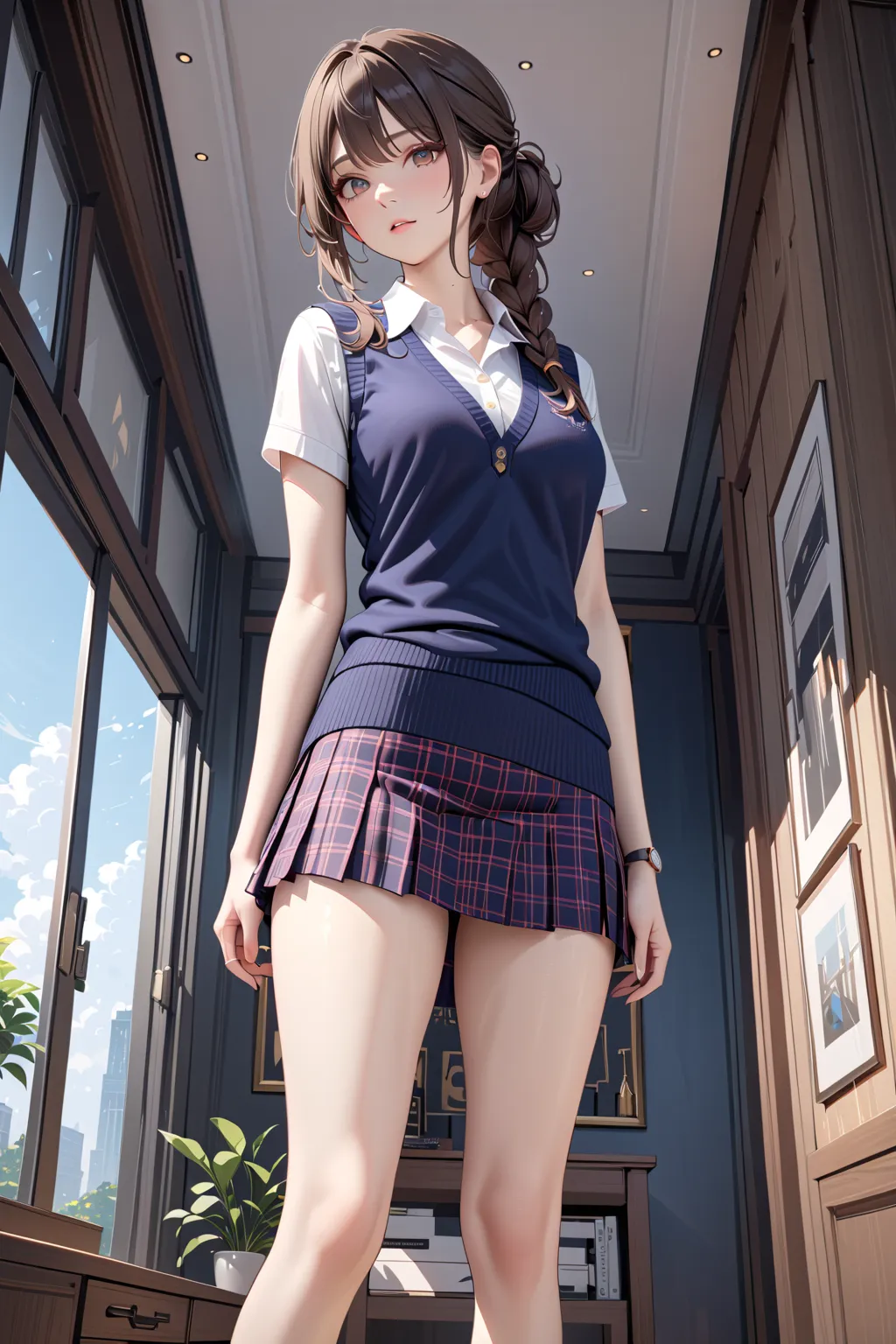 (masterpiece, best quality:1.5), (ultra detailed, high resolution, 8k, beautiful detailed, UHD, best anatomy), Dark brown Braided half-up hair, 1 girl, Preppy Style, White shirt, Navy knit vest, Plaid skirt, Loafers, full body shot, accessory