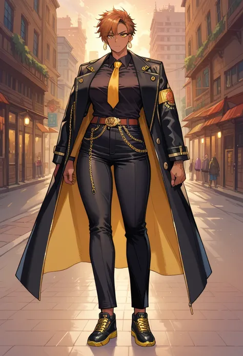 score_9, score_8_arriba, score_7_arriba,   source   _anime,ratatatat74,BBC_tattoo, Brown-skinned woman,muscles,black coat, black shirt,golden tie,black pants,gold chain,black shoe with gold sole,earring 