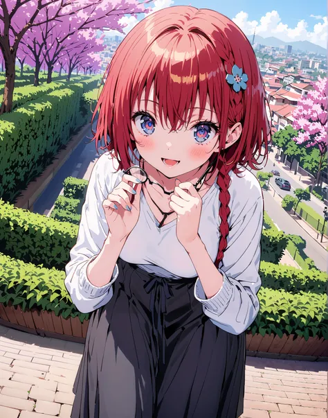 Kurosaki's thing , Alone,stupid hair, blue eyes, knitting glasses, hair intake, sngle braid,HAIR ACCESSORY, red hair, hair knitting glasses, smile,blush,open your mouth,Medium breast, oversized v neck sweater long sleeve,long skirt,short boots, bench,Beaut...