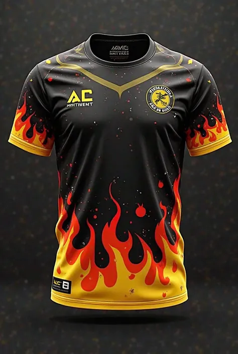 Shirt jersey design front and back color black at the top and yello at the bottom gradient  , with unique design patterns with fire that has graphic the inspiration of the shirt are information technologies student with team name, logo and at the back numb...