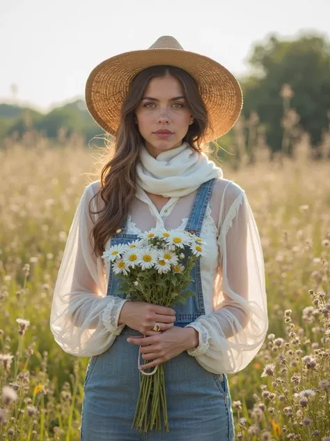 A young woman stands in a field of tall grass and wildflowers, holding a bouquet of white daisies. She wears a wide-brimmed straw hat that casts a soft shadow over her face, a light, sheer white dress with long sleeves, and denim overalls. A white scarf is...