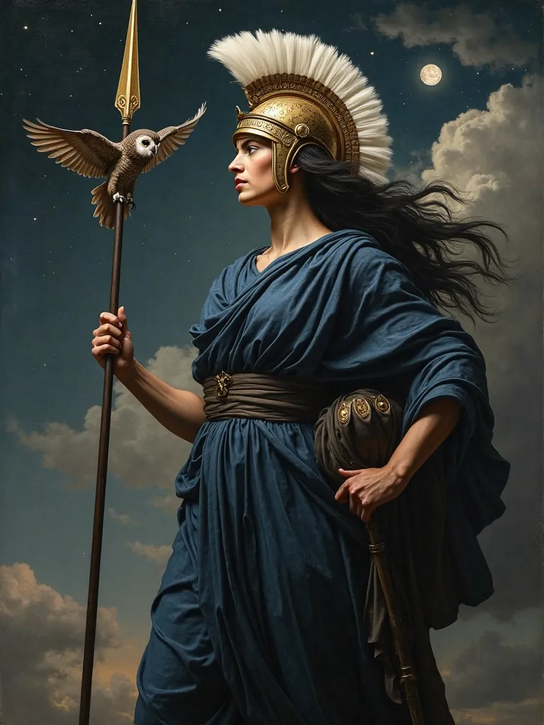 Best quality, masterpiece. Mighty Pallas Athena standing tall. Style is an oil painting by Caravaggio. Highly detailed. She is shown in monumental perspective, as tall as the sky. An owl flies down to her. She wears a heavy and austere extremely dark blue ...