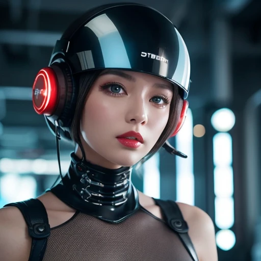  close-up of a woman wearing a futuristic helmet and red lipstick, Cyberpunk Jackie Wells, cgsociety 9,  style for stilets = Retro futuristic ,  beautiful android woman ,   female android ,  retro futuristic fashion , movie「 Blade Runner 」Still image of, F...