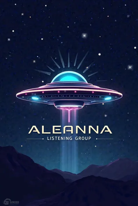 Make a logo with the visible name "aleanna" And phrase  "listening group" with an image of a UFO