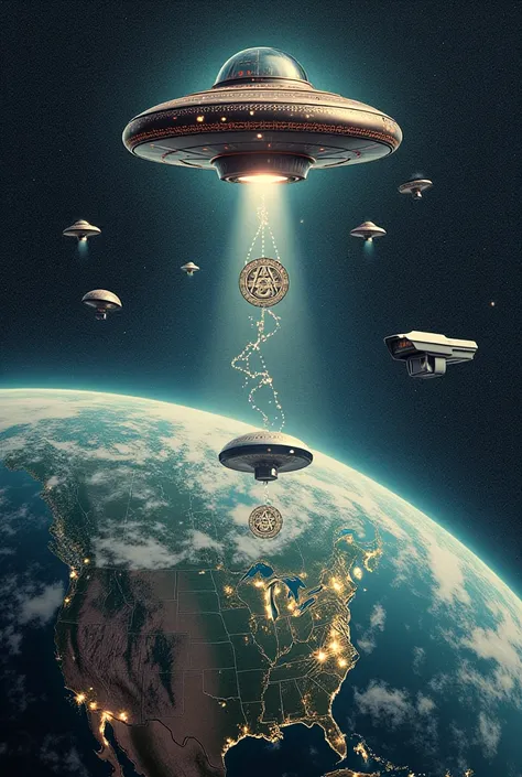 Suggested image: A collage with Illuminati symbols, A UFO, a security camera and the Earth from space.