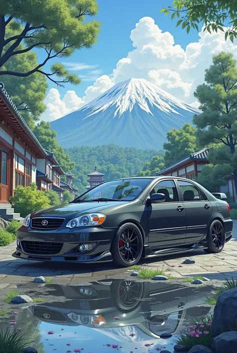 Create create anime image of Toyota Corolla 2005 dark gray color luxury black rims black windows background in Japan with sakura trees